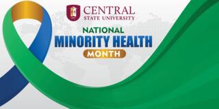 minority mental health month graphic with gold, blue and green ribbon and the central state university logo