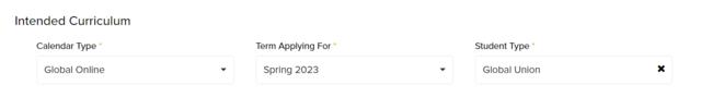 Screenshot of Global Union application intended curriculum selection