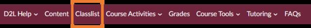 D2L Navbar showing location of Classlist