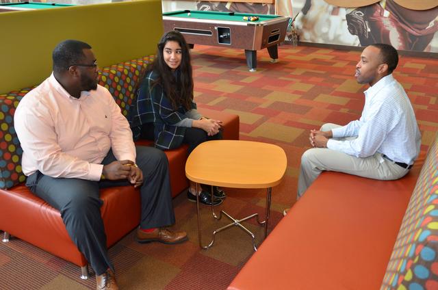 central state university students chat about social work in the university center