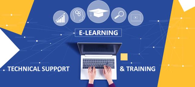 Banner image of hands on an open laptop with words E-learning technical support and training