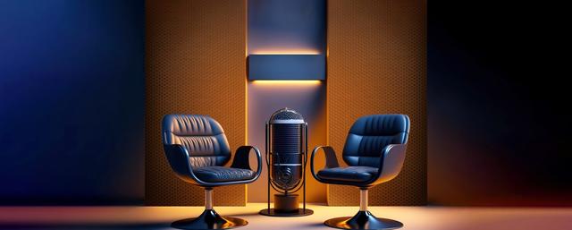 TV studio with large microphone between two leather chairs