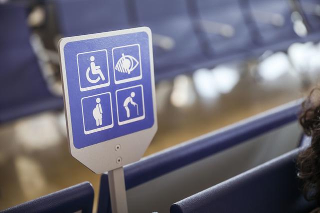 accessibility accommodations signs for people using wheelchairs, those with visual impairments, a pregnant person, and a person using a cane