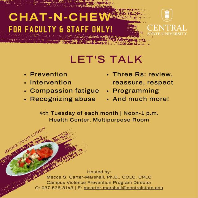flyer for central state university's campus violence prevention program chat-n-chew for faculty and staff