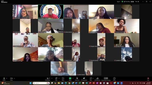 screenshot from virtual meeting showing many central state university students
