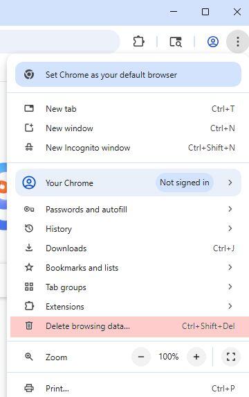 Google Chrome options menu open in the top-right corner, showing items such as New tab, History, Downloads, Extensions, and Settings, with ‘Delete browsing data…’ highlighted in red.