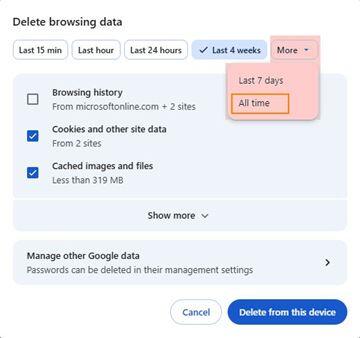 Google Chrome ‘Delete browsing data’ window showing time range options, with ‘All time’ selected. Cookies and other site data and Cached images and files are checked, and the ‘Delete from this device’ button is visible at the bottom.