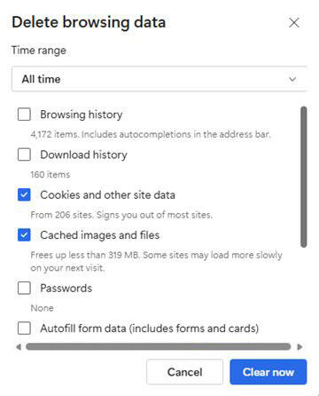 Microsoft Edge ‘Delete browsing data’ with ‘All time’ Time range selected. Cookies and other site data and Cached images and files are checked, and the ‘Clear Now’ button is visible at the bottom