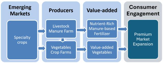 Flow diagram showing an agricultural value chain: Specialty crops (Emerging Markets) feed into two producer types — Livestock Manure Farm and Vegetables Crop Farms — which produce Nutrient-Rich Manure-based Fertilizer and Value-added Vegetables respectively, both leading to Premium Market Expansion (Consumer Engagement).